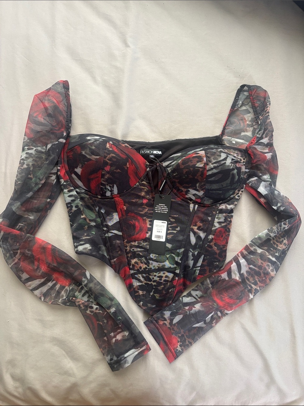 Fashion Nova Red & Black Floral Mesh Corset Top